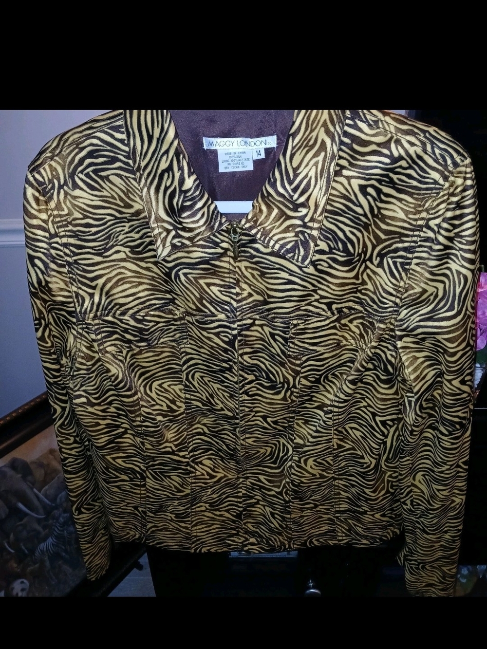 Maggy London Zebra Print Zip-Front Jacket - Gold & Black Jacket 100% Silk Shell